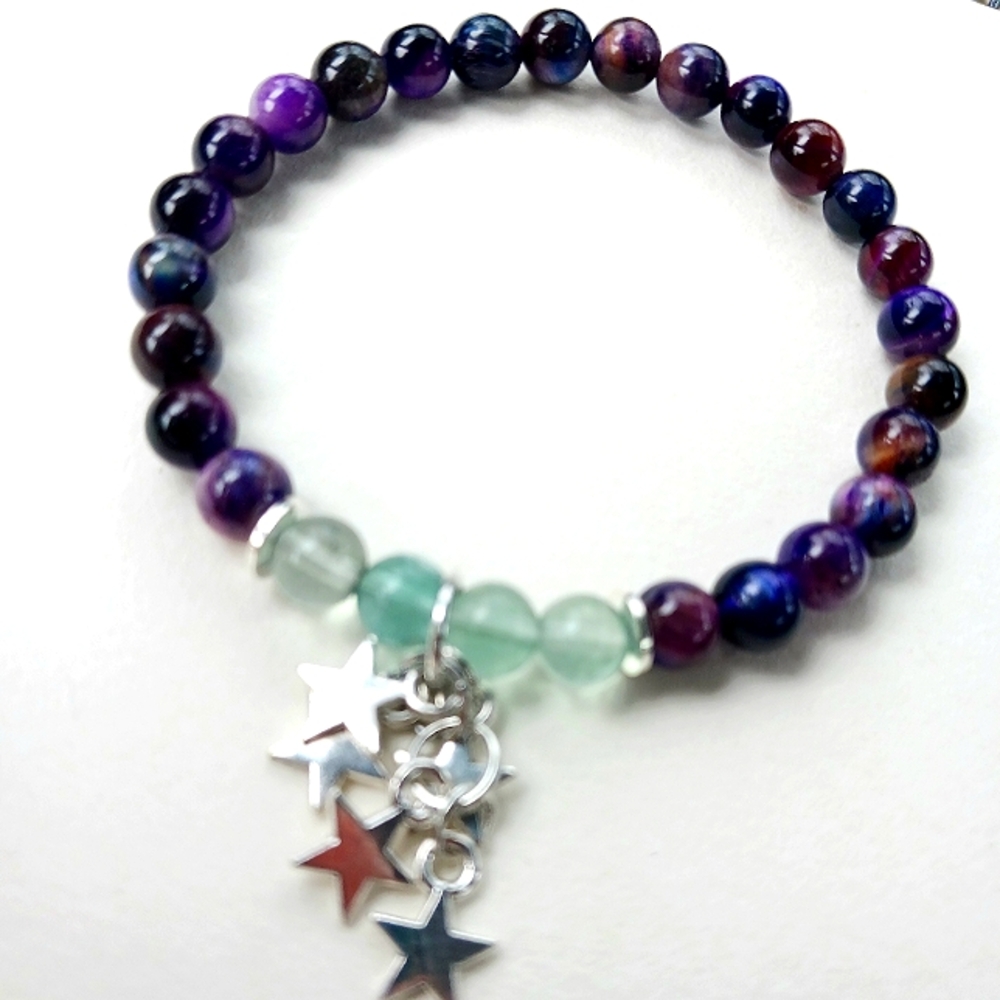 Galaxy tigers eye fluorite crystal 6mm beaded gemstone star charm stretch bracel